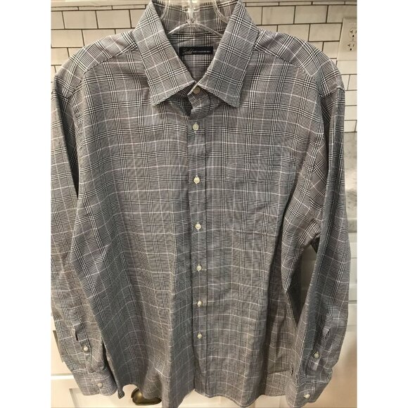 Hart Schaffner Marx Shirt Mens Large Black Herringbone Button Up Plaid Preppy - Picture 1 of 8